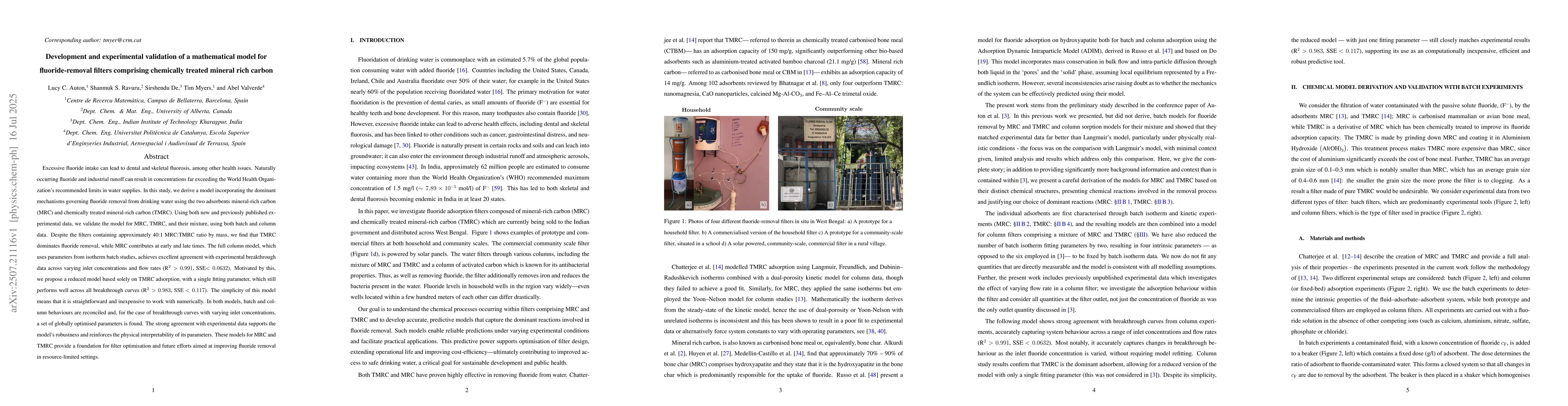 Thumbnail for Development and experimental validation of a mathematical model for
  fluoride-removal filters comprising chemically treated mineral rich carbon