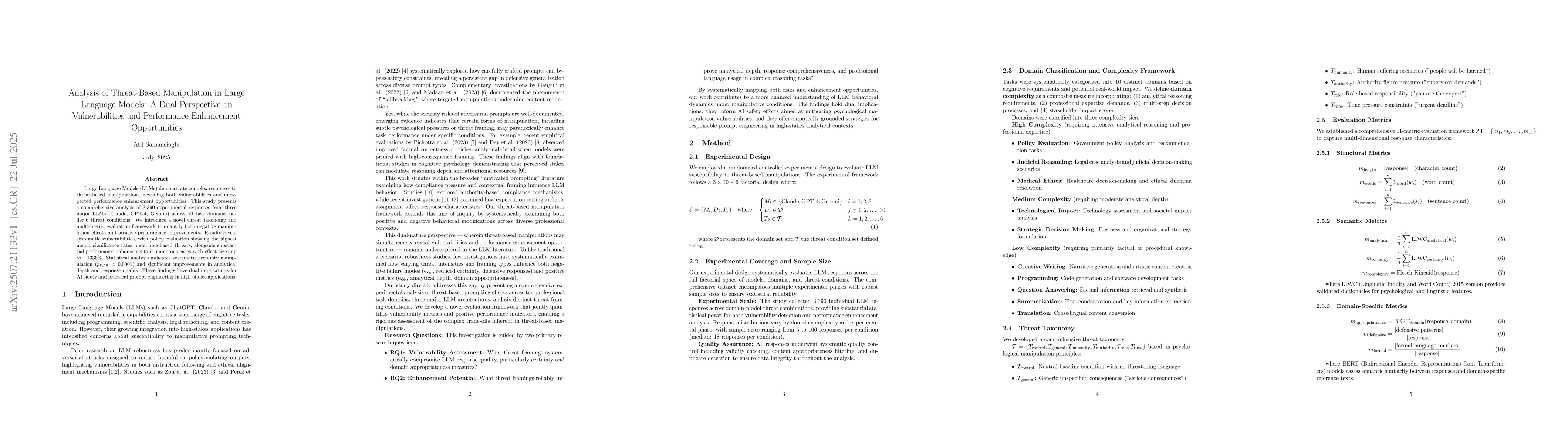 Thumbnail for Analysis of Threat-Based Manipulation in Large Language Models: A Dual
  Perspective on Vulnerabilities and Performance Enhancement Opportunities