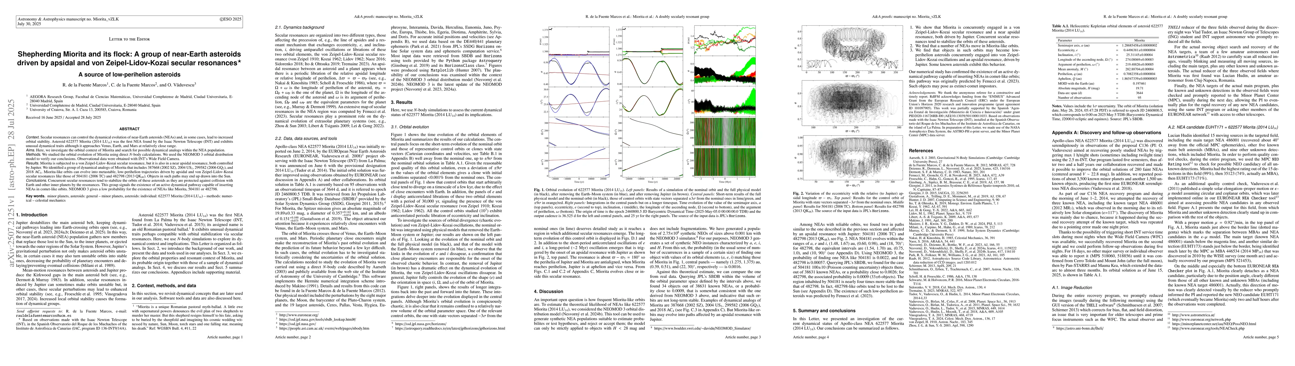 Thumbnail for Shepherding Miorita and its flock: A group of near-Earth asteroids
  driven by apsidal and von Zeipel-Lidov-Kozai secular resonances. A source of
  low-perihelion asteroids