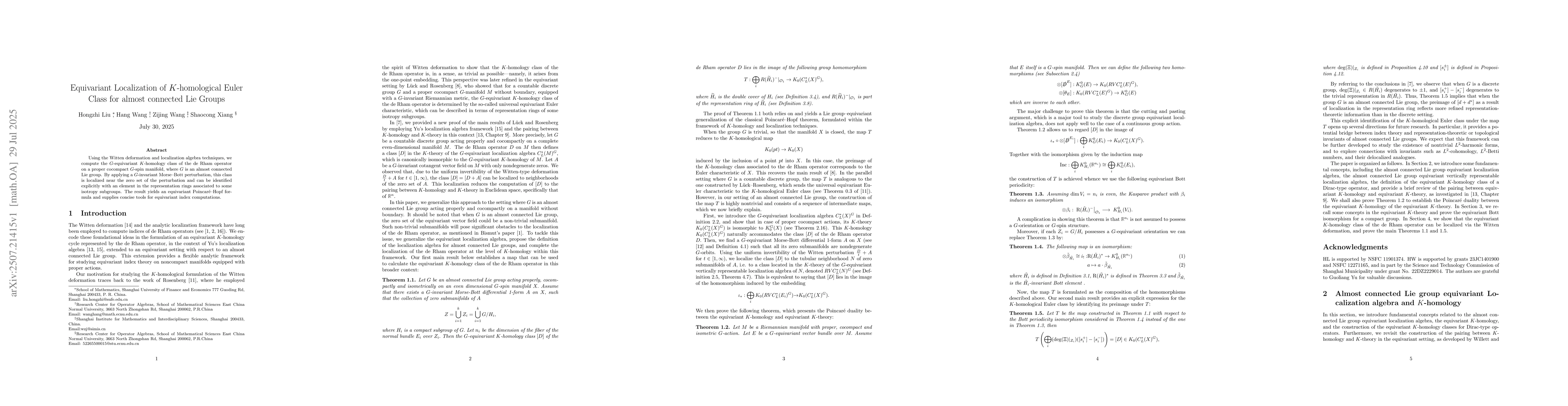 Thumbnail for Equivariant Localization of $K$-homological Euler Class for almost
  connected Lie Groups