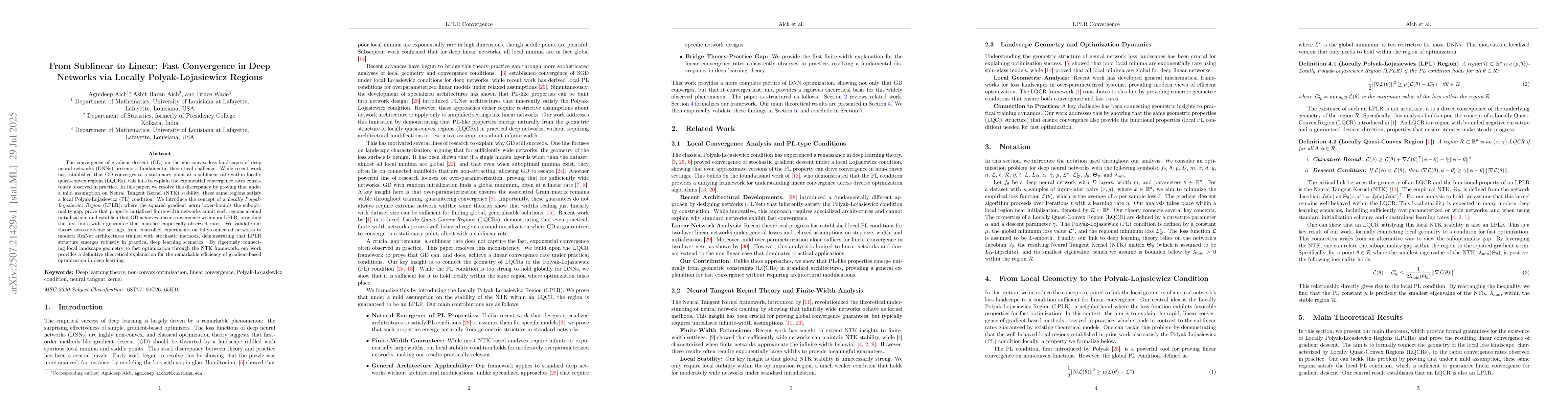 Thumbnail for From Sublinear to Linear: Fast Convergence in Deep Networks via Locally
  Polyak-Lojasiewicz Regions