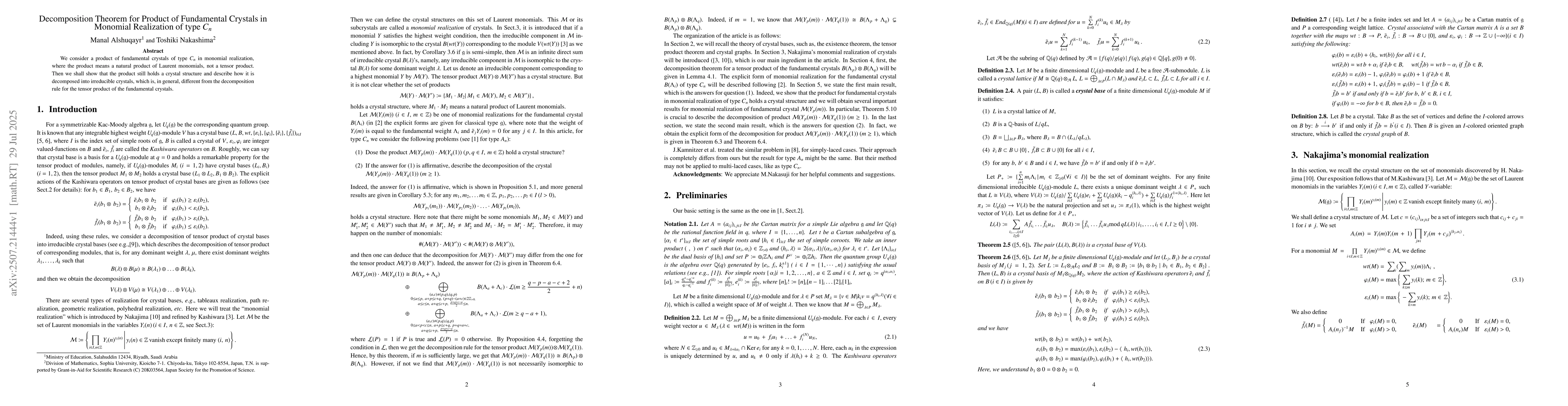 Thumbnail for Decomposition Theorem for Product of Fundamental Crystals in Monomial
  Realization of type $C_n$