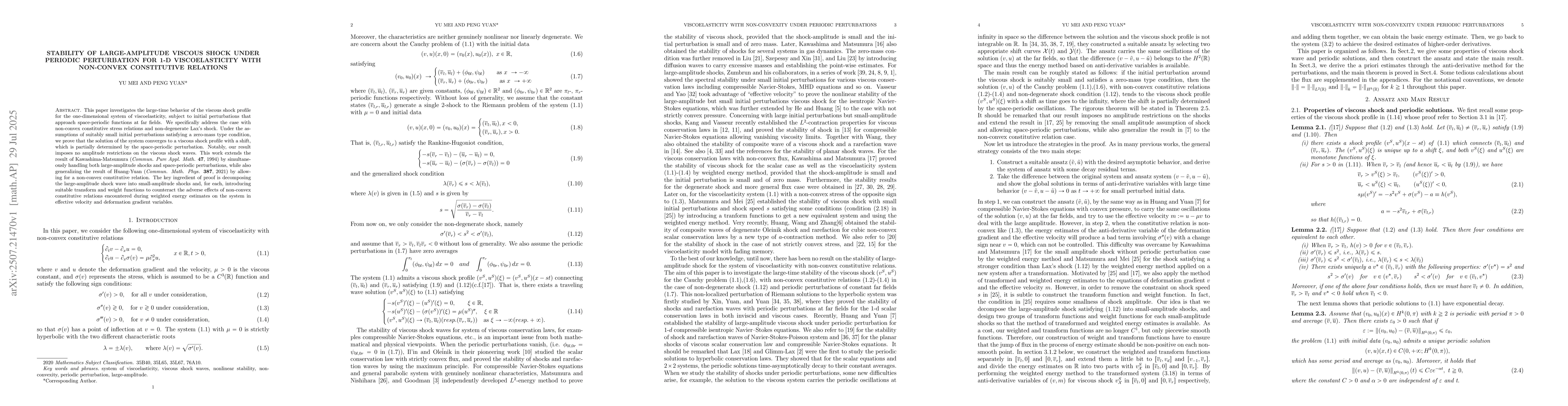 Thumbnail for Stability of Large-Amplitude Viscous Shock Under Periodic Perturbation
  for 1-d Viscoelasticity with Non-Convex Constitutive Relations