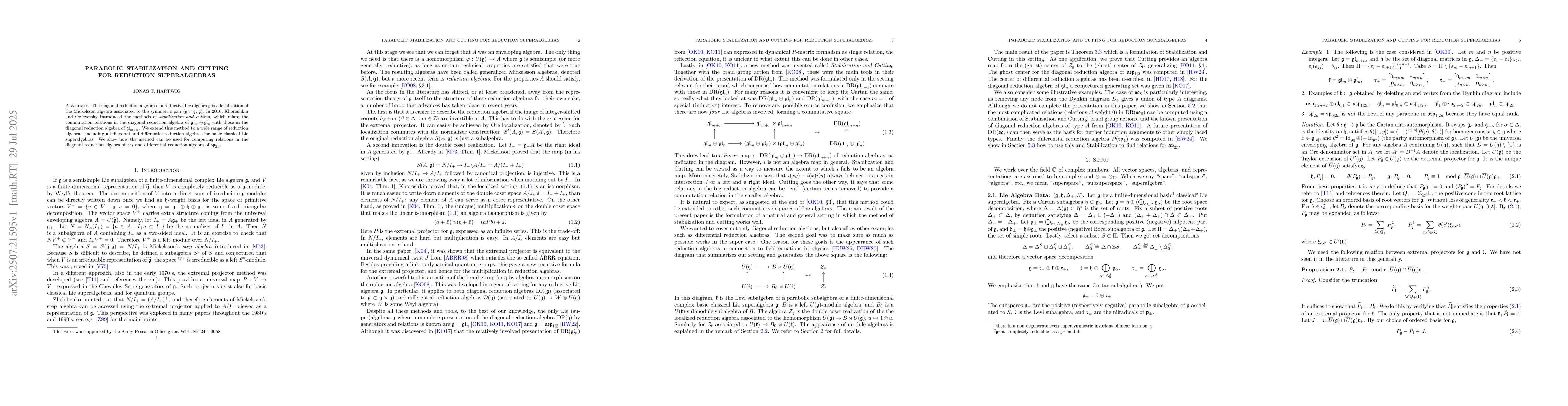 Thumbnail for Parabolic Stabilization and Cutting for Reduction Superalgebras