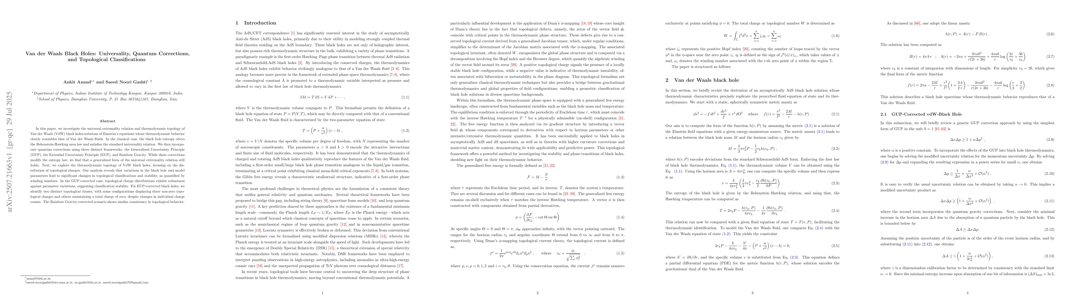 Thumbnail for Van der Waals Black Holes: Universality, Quantum Corrections, and
  Topological Classifications