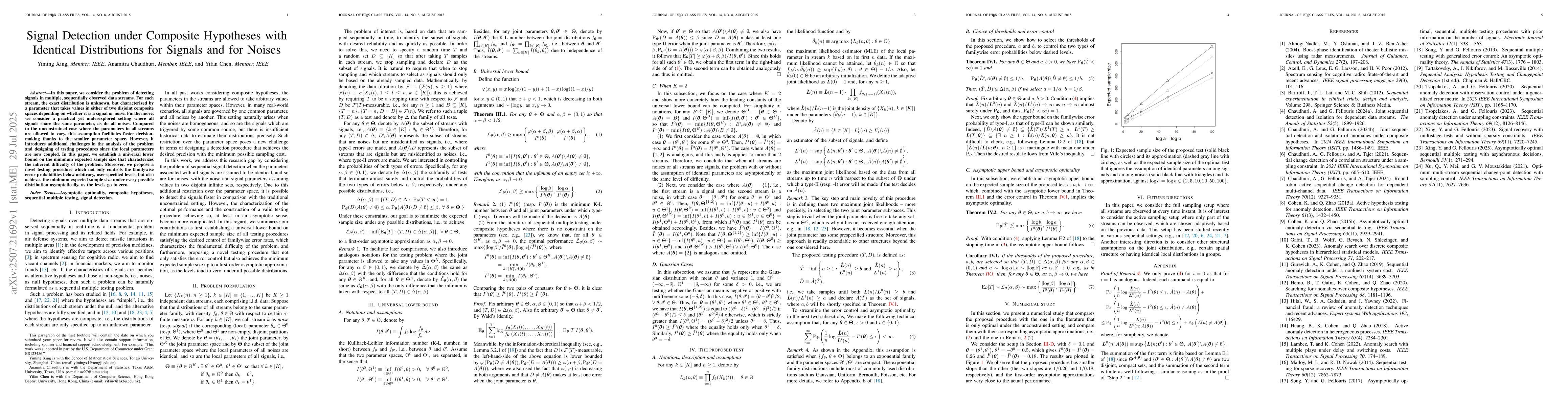 Thumbnail for Signal Detection under Composite Hypotheses with Identical Distributions
  for Signals and for Noises