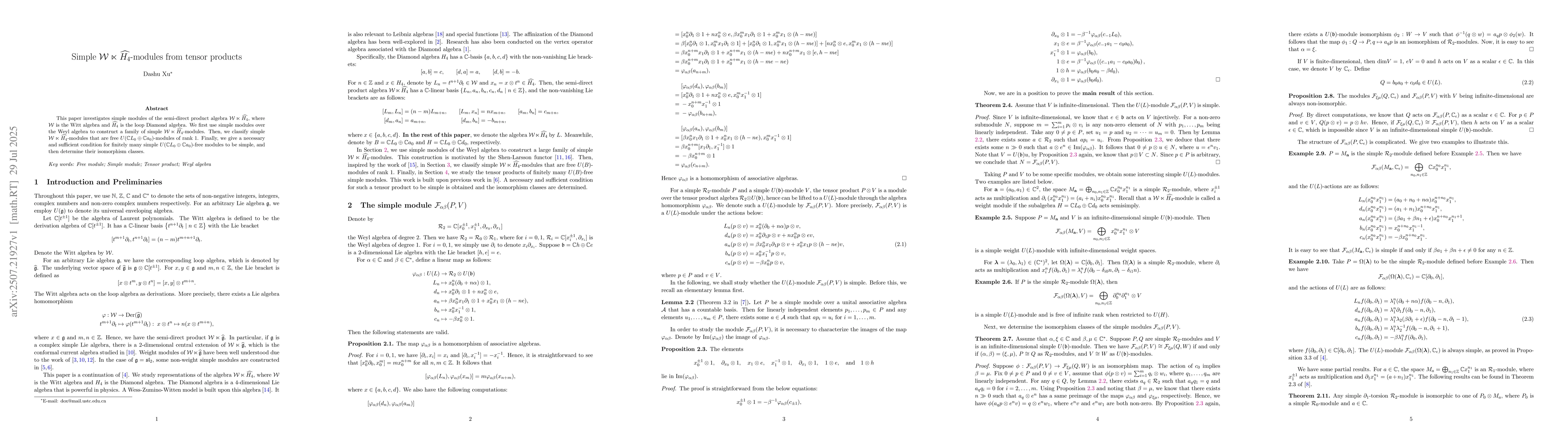 Thumbnail for Simple $\mathcal{W}\ltimes\widehat{H_4}$-modules from tensor products