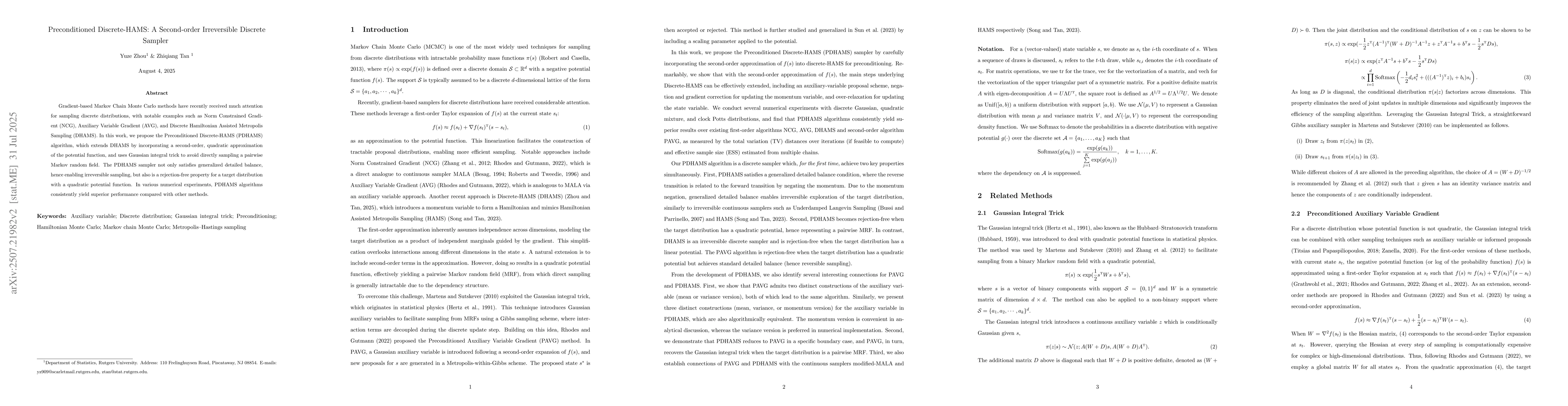 Thumbnail for Preconditioned Discrete-HAMS: A Second-order Irreversible Discrete
  Sampler