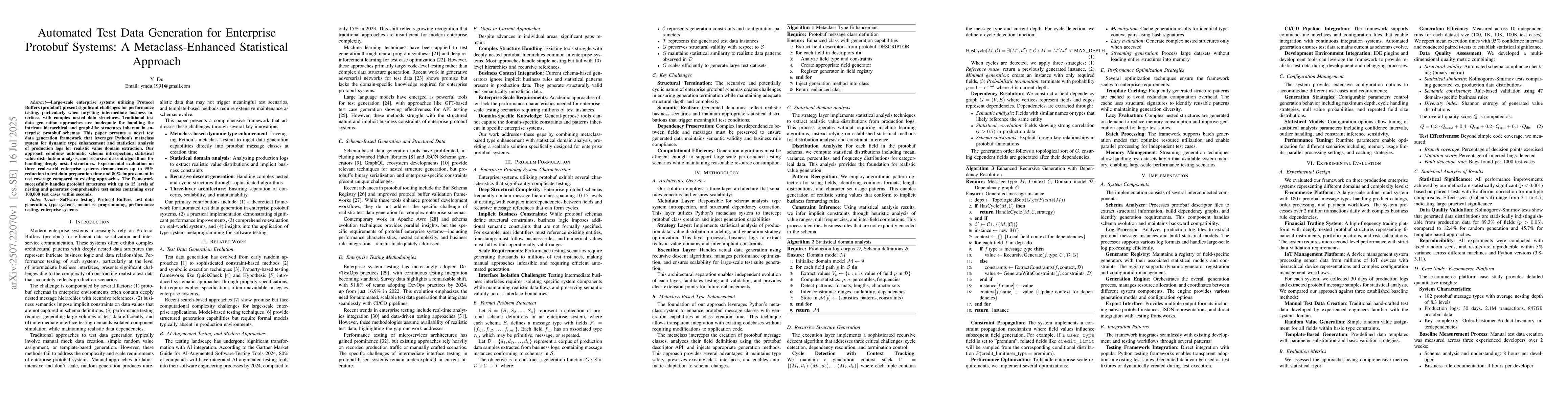 Thumbnail for Automated Test Data Generation for Enterprise Protobuf Systems: A
  Metaclass-Enhanced Statistical Approach