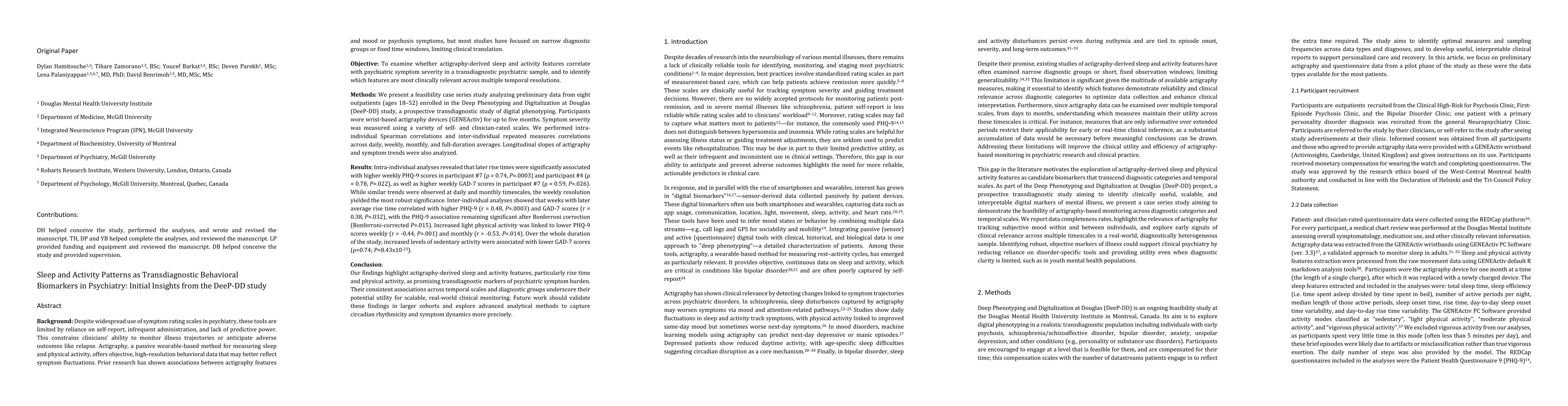 Thumbnail for Sleep and Activity Patterns as Transdiagnostic Behavioral Biomarkers in
  Psychiatry: Initial Insights from the DeeP-DD study