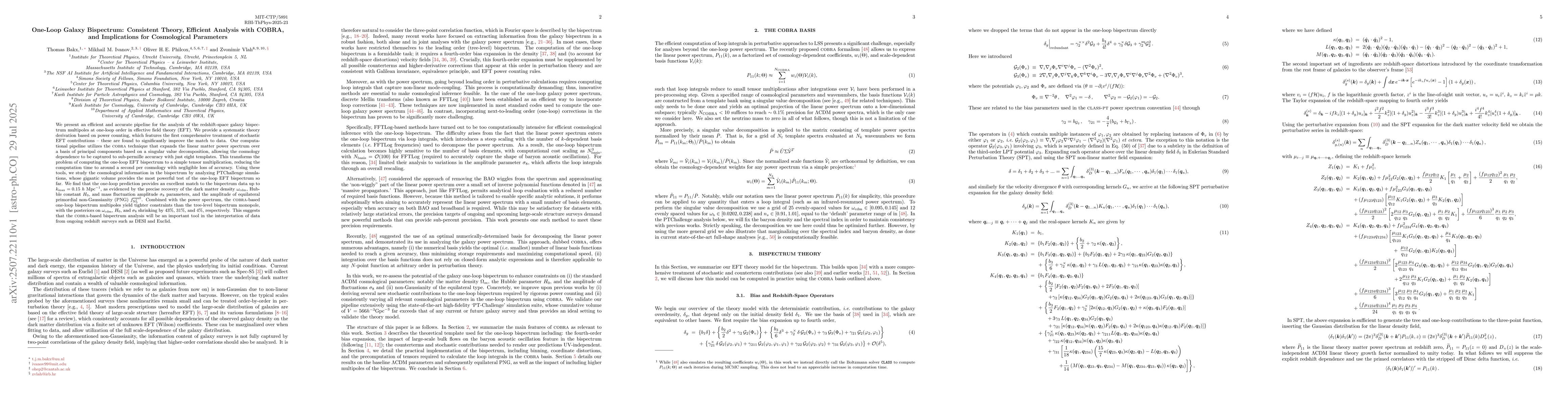 Thumbnail for One-Loop Galaxy Bispectrum: Consistent Theory, Efficient Analysis with
  COBRA, and Implications for Cosmological Parameters