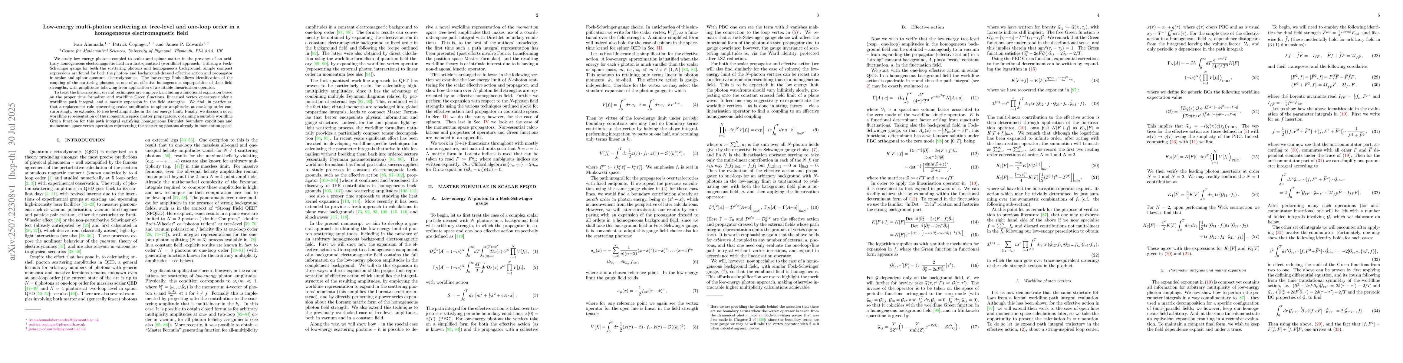 Thumbnail for Low-energy multi-photon scattering at tree-level and one-loop order in a
  homogeneous electromagnetic field