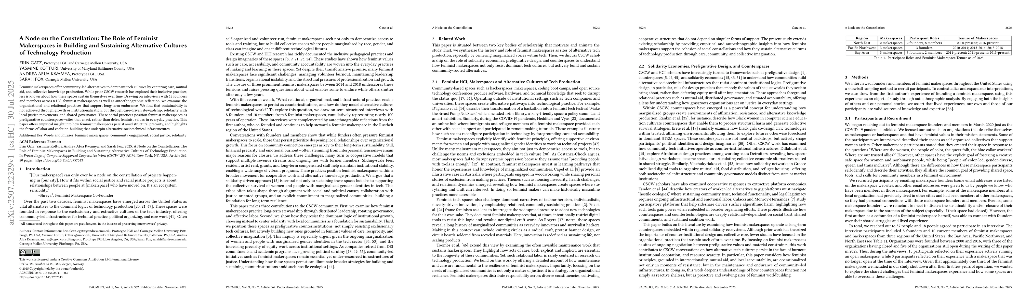 Thumbnail for A Node on the Constellation: The Role of Feminist Makerspaces in
  Building and Sustaining Alternative Cultures of Technology Production