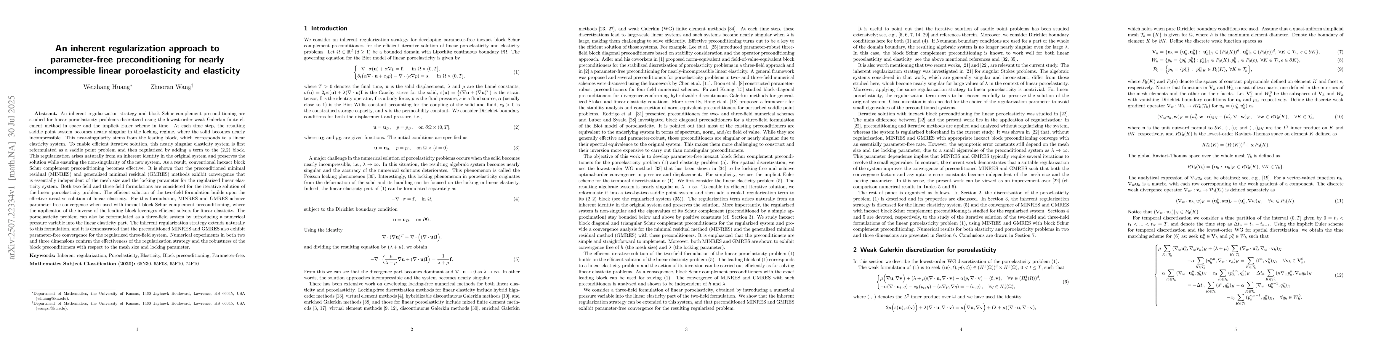 Thumbnail for An inherent regularization approach to parameter-free preconditioning
  for nearly incompressible linear poroelasticity and elasticity