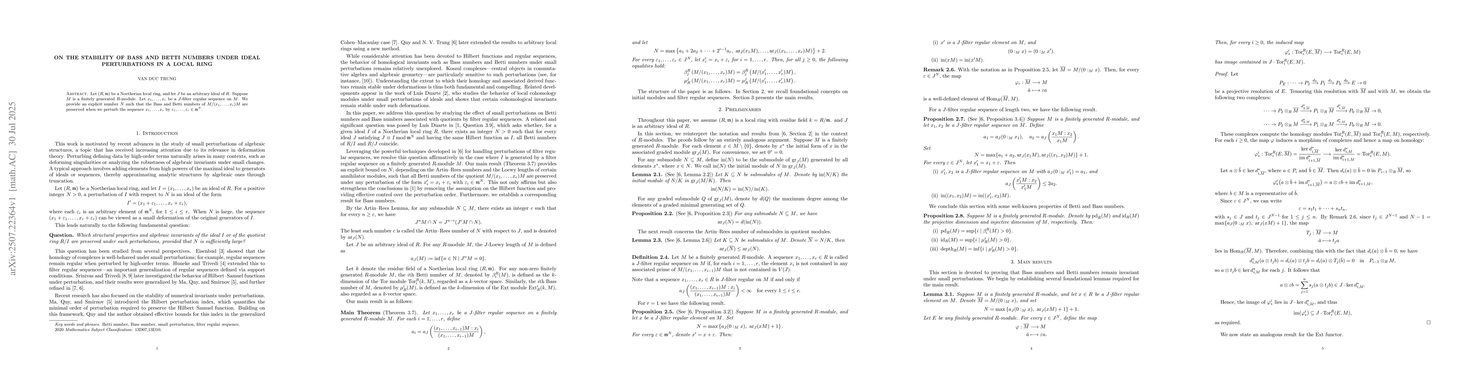 Thumbnail for On the Stability of Bass and Betti Numbers under Ideal Perturbations in
  a Local Ring