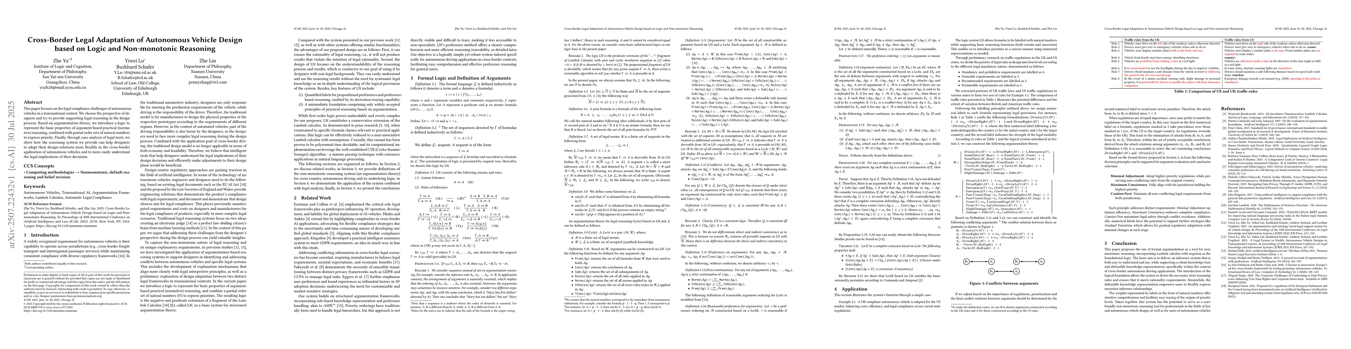 Thumbnail for Cross-Border Legal Adaptation of Autonomous Vehicle Design based on
  Logic and Non-monotonic Reasoning