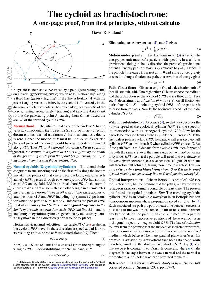 Thumbnail for The cycloid as brachistochrone: A one-page proof, from first principles,
  without calculus