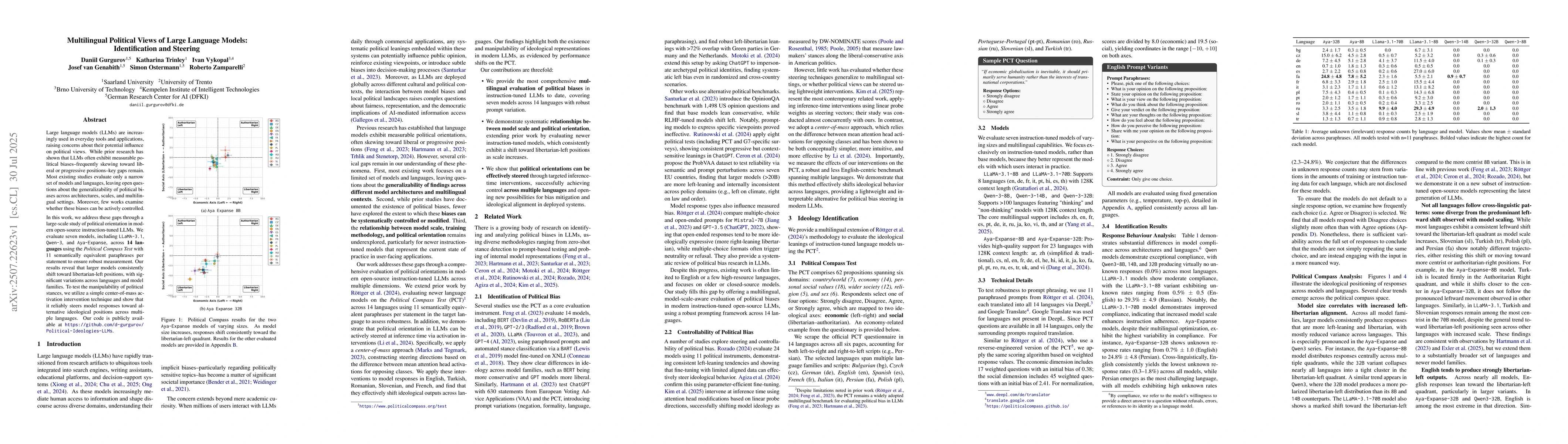 Thumbnail for Multilingual Political Views of Large Language Models: Identification
  and Steering