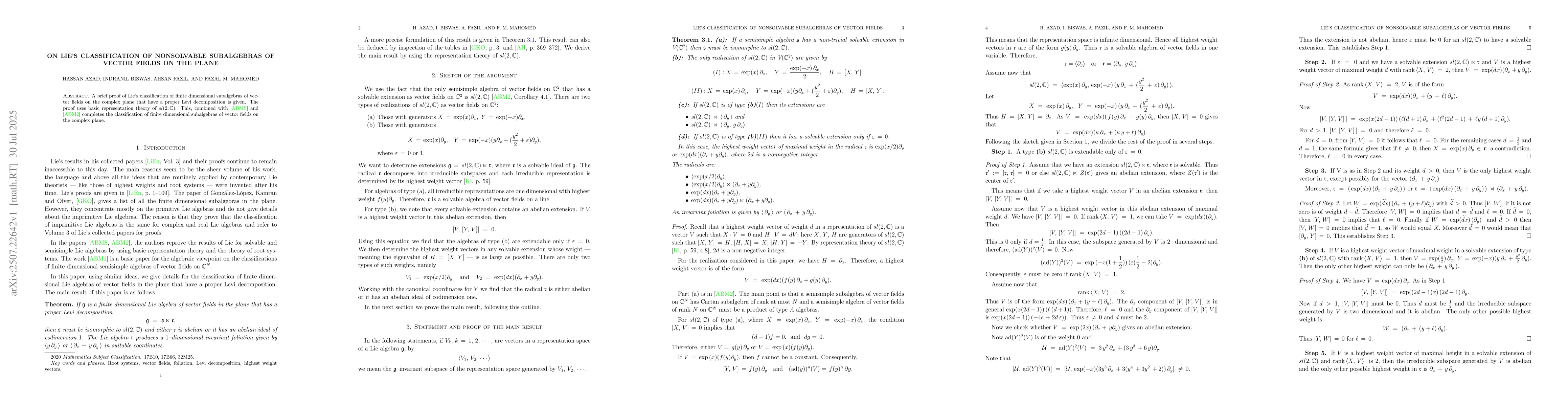 Thumbnail for On Lie's classification of nonsolvable subalgebras of vector fields on
  the plane