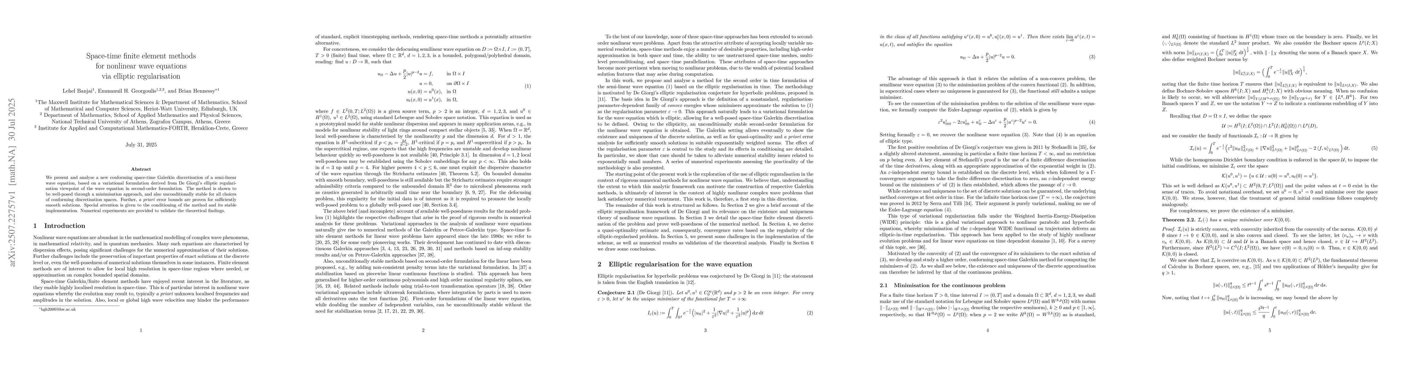 Thumbnail for Space-time finite element methods for nonlinear wave equations via
  elliptic regularisation
