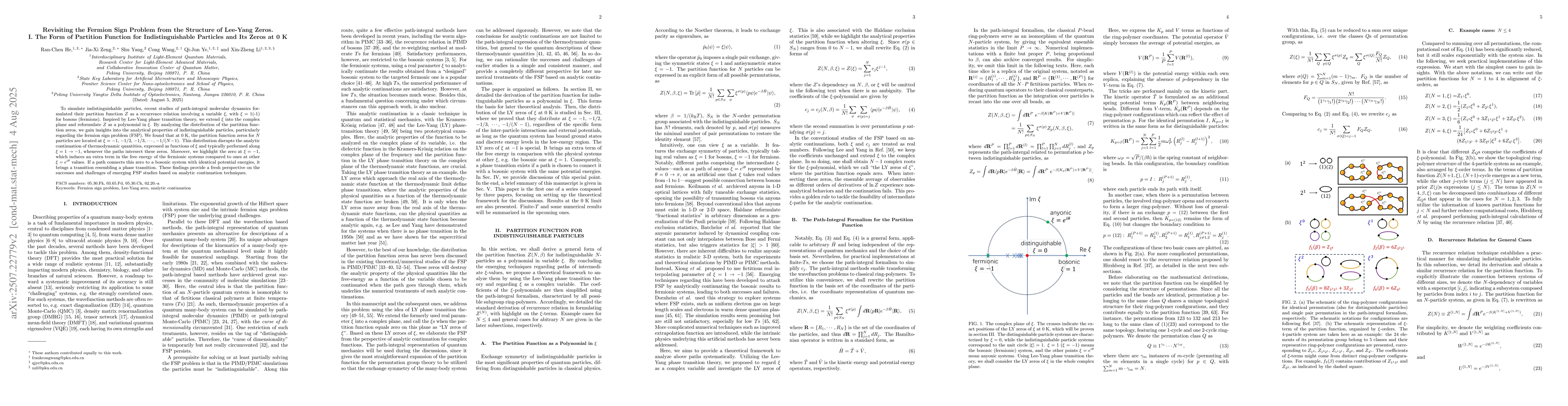 Thumbnail for Revisiting the Fermion Sign Problem from the Structure of Lee-Yang
  Zeros. I. The Form of Partition Function for Indistinguishable Particles and
  Its Zeros at 0~K