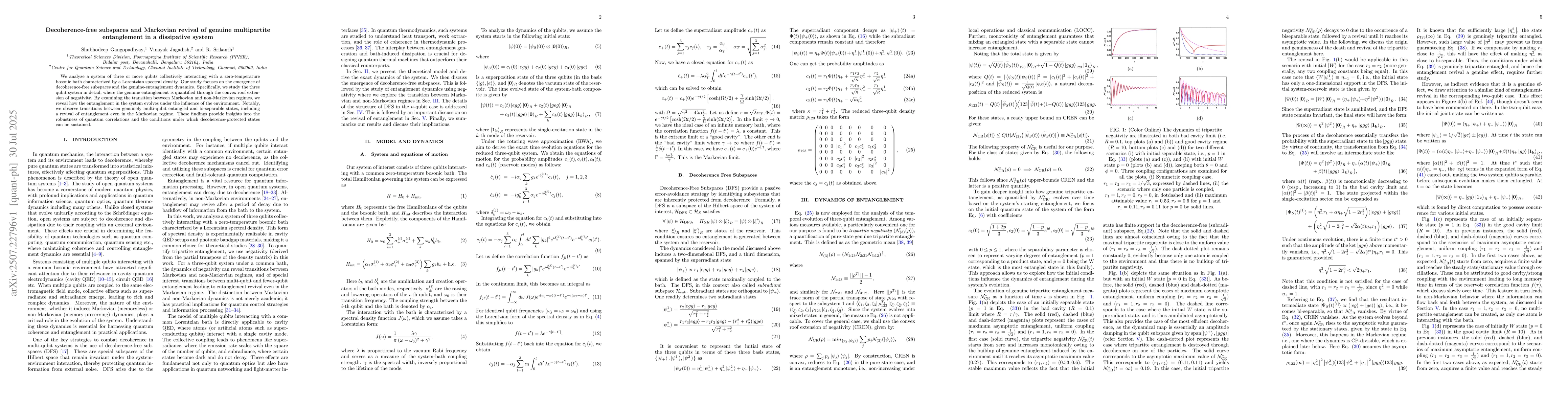 Thumbnail for Decoherence-free subspaces and Markovian revival of genuine multipartite
  entanglement in a dissipative system