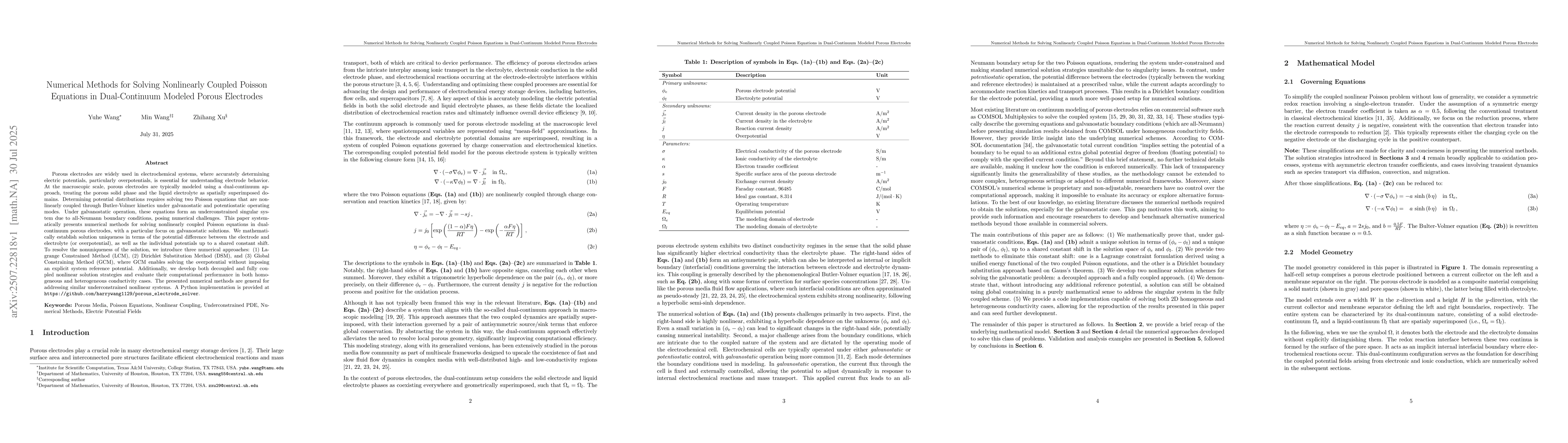 Thumbnail for Numerical Methods for Solving Nonlinearly Coupled Poisson Equations in
  Dual-Continuum Modeled Porous Electrodes