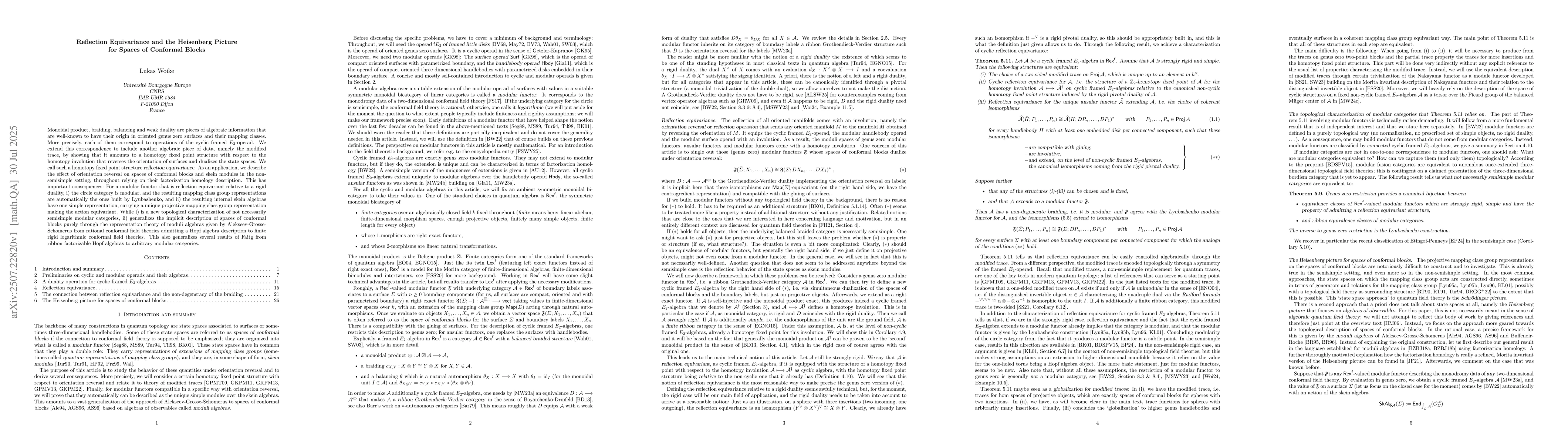 Thumbnail for Reflection Equivariance and the Heisenberg Picture for Spaces of
  Conformal Blocks