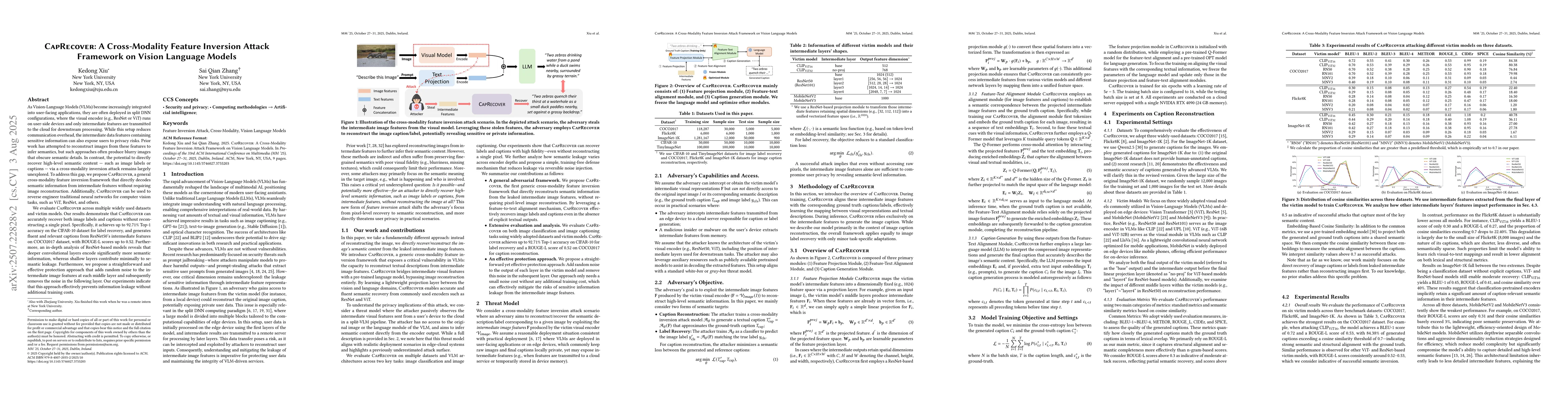 Thumbnail for CapRecover: A Cross-Modality Feature Inversion Attack Framework on
  Vision Language Models