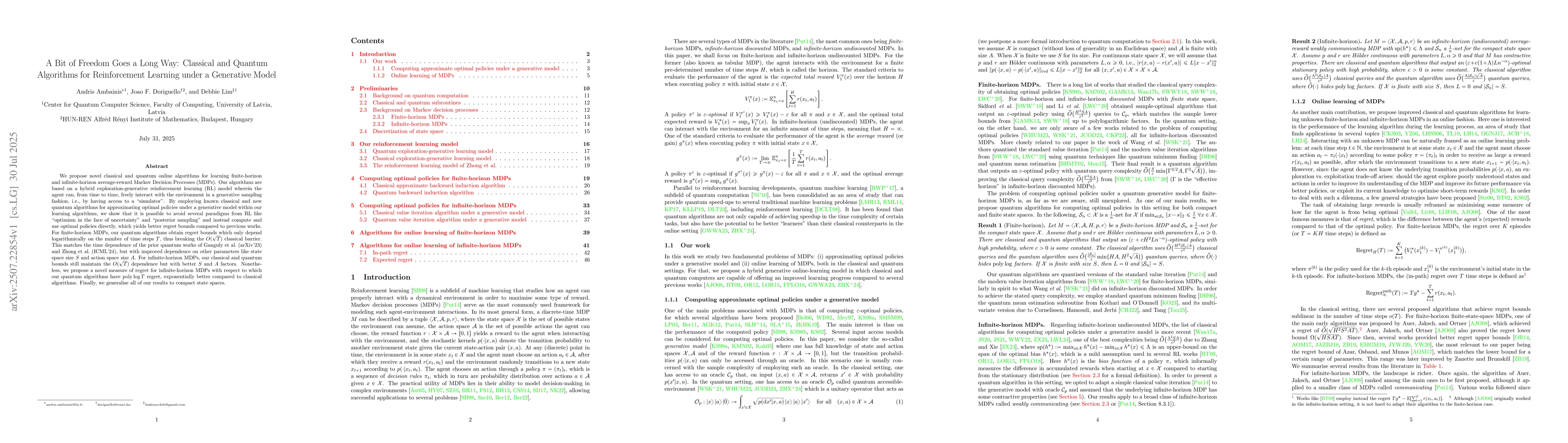Thumbnail for A Bit of Freedom Goes a Long Way: Classical and Quantum Algorithms for
  Reinforcement Learning under a Generative Model