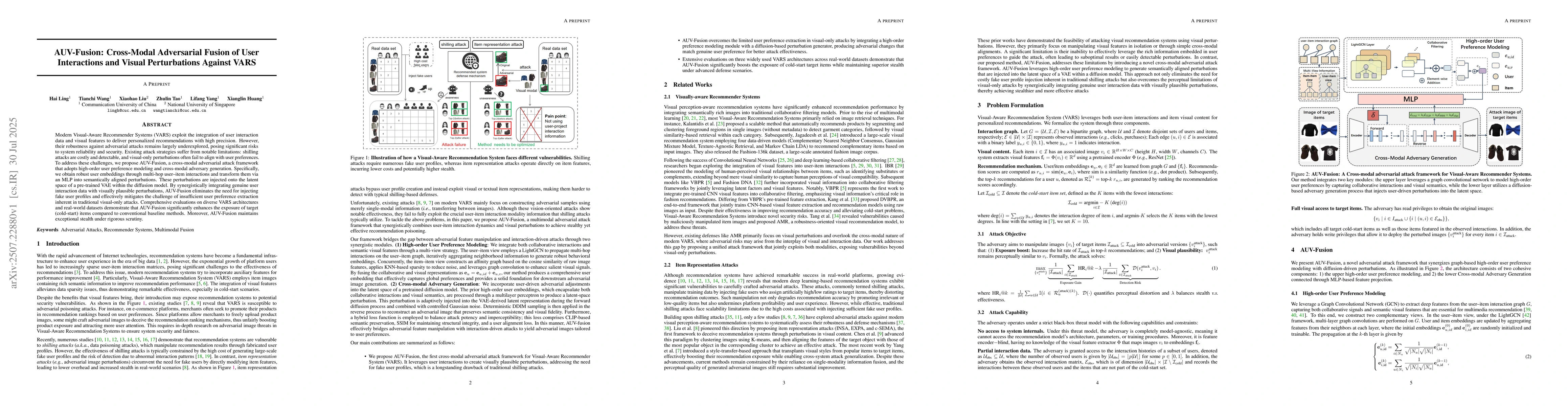 Thumbnail for AUV-Fusion: Cross-Modal Adversarial Fusion of User Interactions and
  Visual Perturbations Against VARS