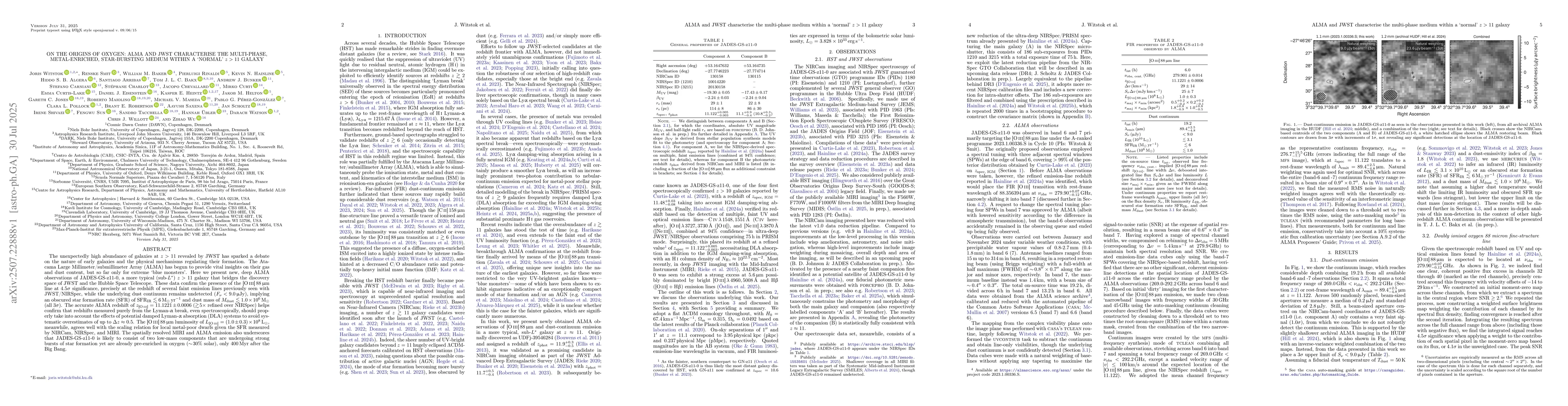 Thumbnail for On the origins of oxygen: ALMA and JWST characterise the multi-phase,
  metal-enriched, star-bursting medium within a 'normal' $z > 11$ galaxy