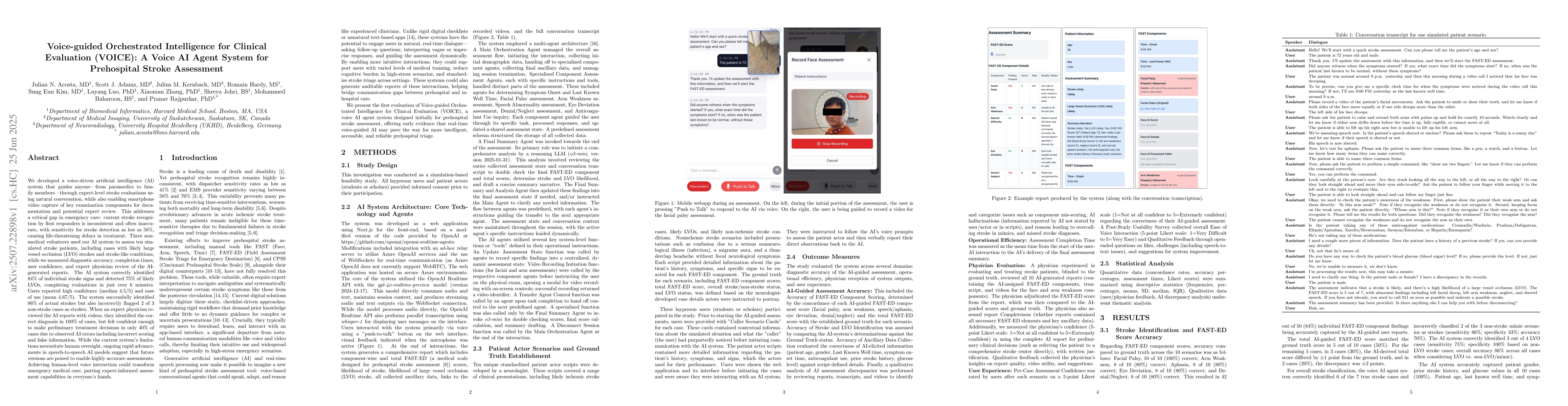 Thumbnail for Voice-guided Orchestrated Intelligence for Clinical Evaluation (VOICE):
  A Voice AI Agent System for Prehospital Stroke Assessment