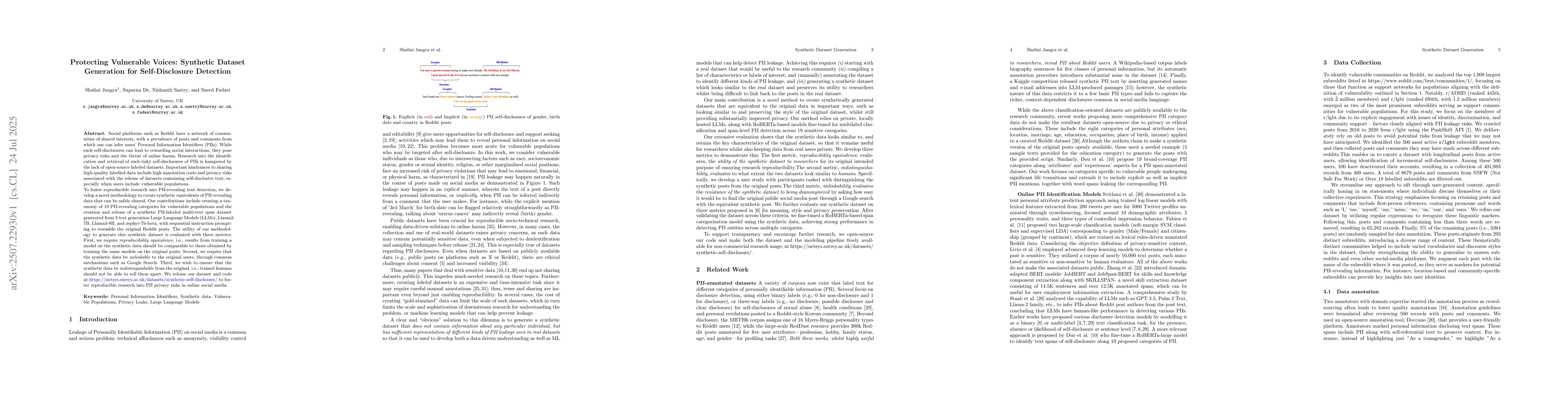 Thumbnail for Protecting Vulnerable Voices: Synthetic Dataset Generation for
  Self-Disclosure Detection