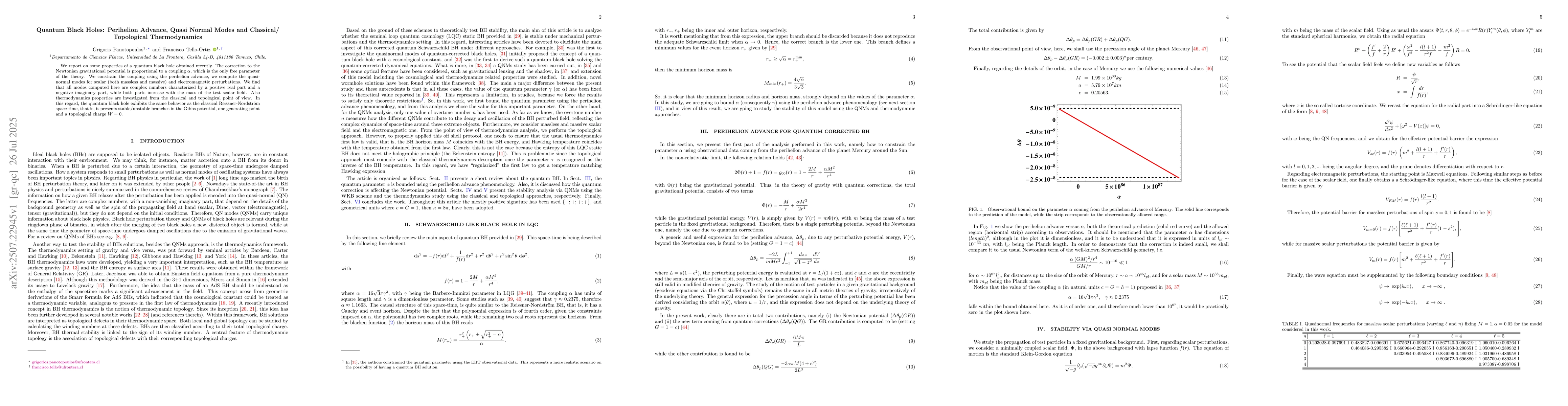 Thumbnail for Quantum Black Holes: Perihelion Advance, Quasi Normal Modes and
  Classical/ Topological Thermodynamics