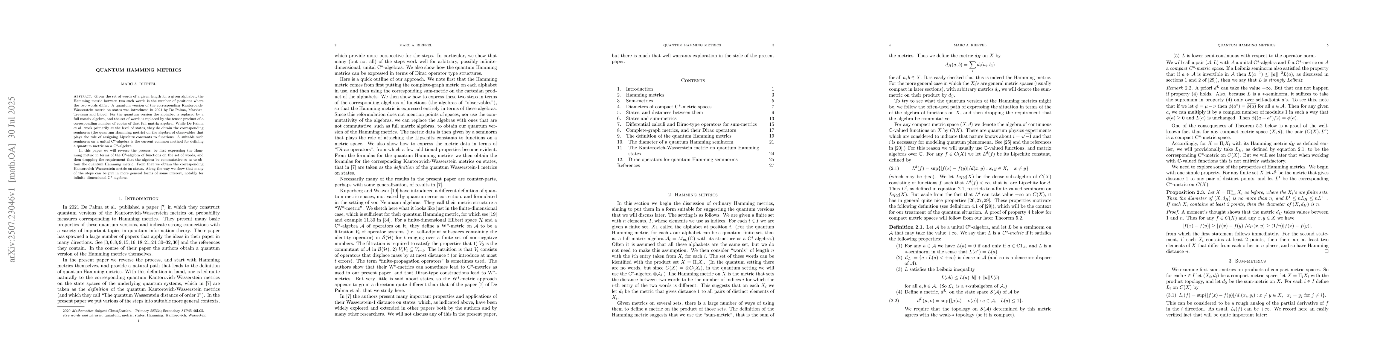 Thumbnail for Quantum Hamming Metrics