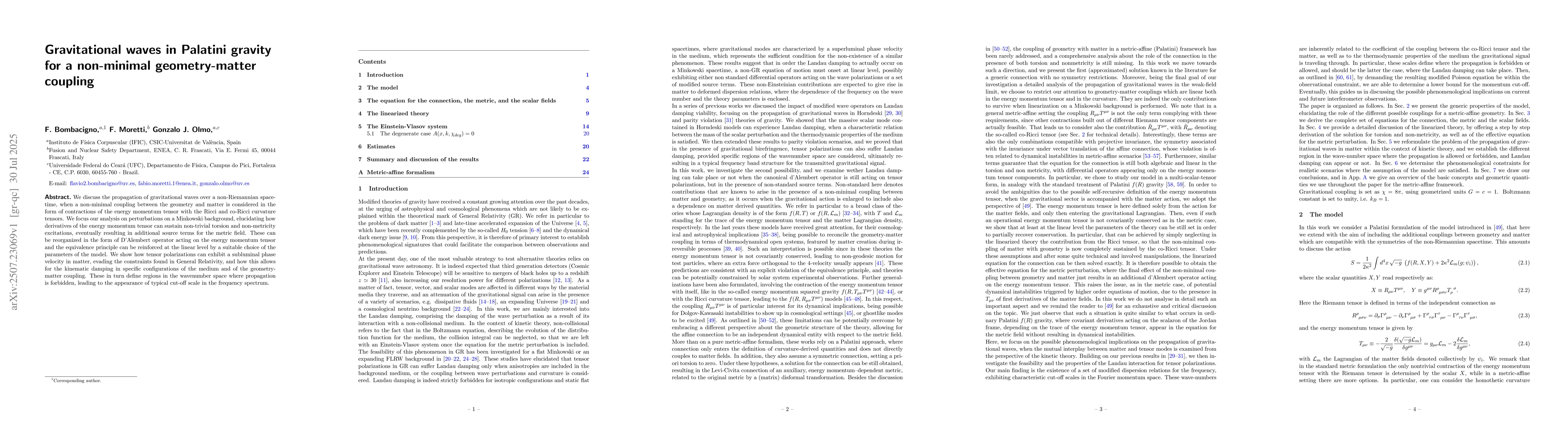 Thumbnail for Gravitational waves in Palatini gravity for a non-minimal
  geometry-matter coupling