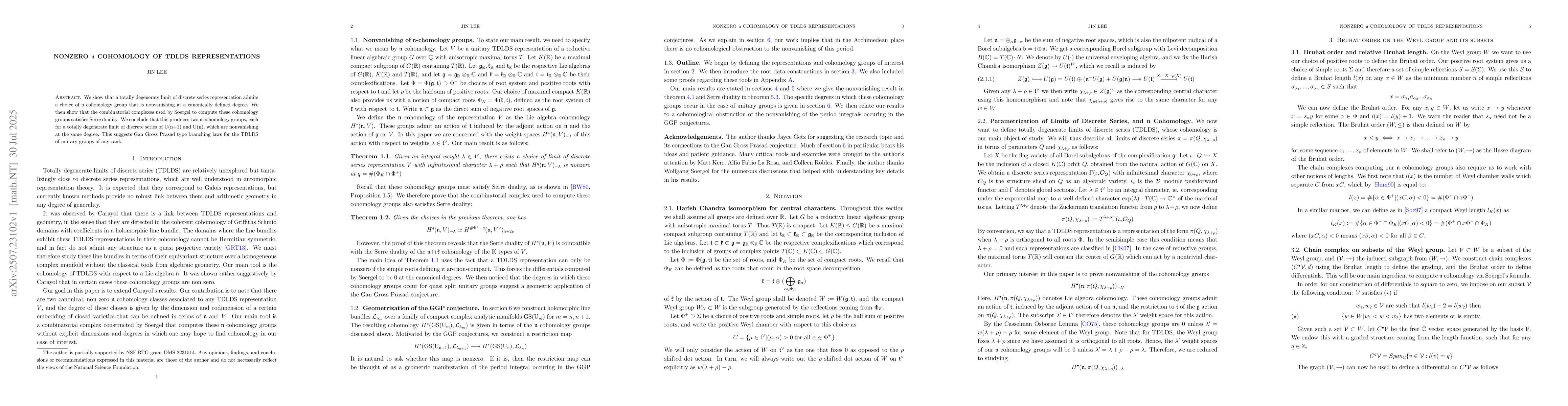 Thumbnail for Nonzero $\mathfrak{n}$ cohomology of Totally Degenerate Limit of
  Discrete Series representations