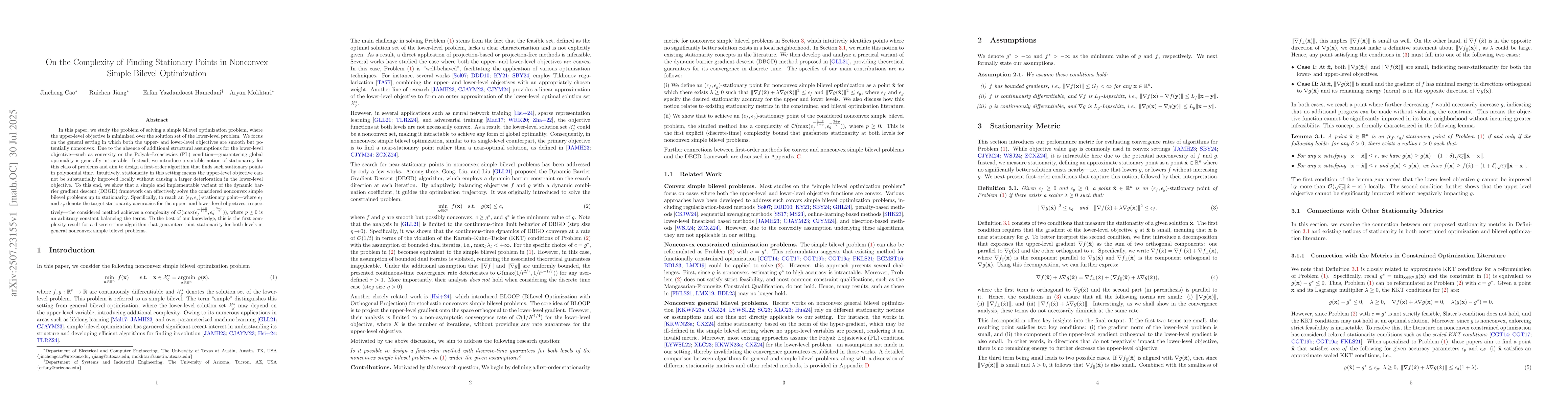 Thumbnail for On the Complexity of Finding Stationary Points in Nonconvex Simple
  Bilevel Optimization