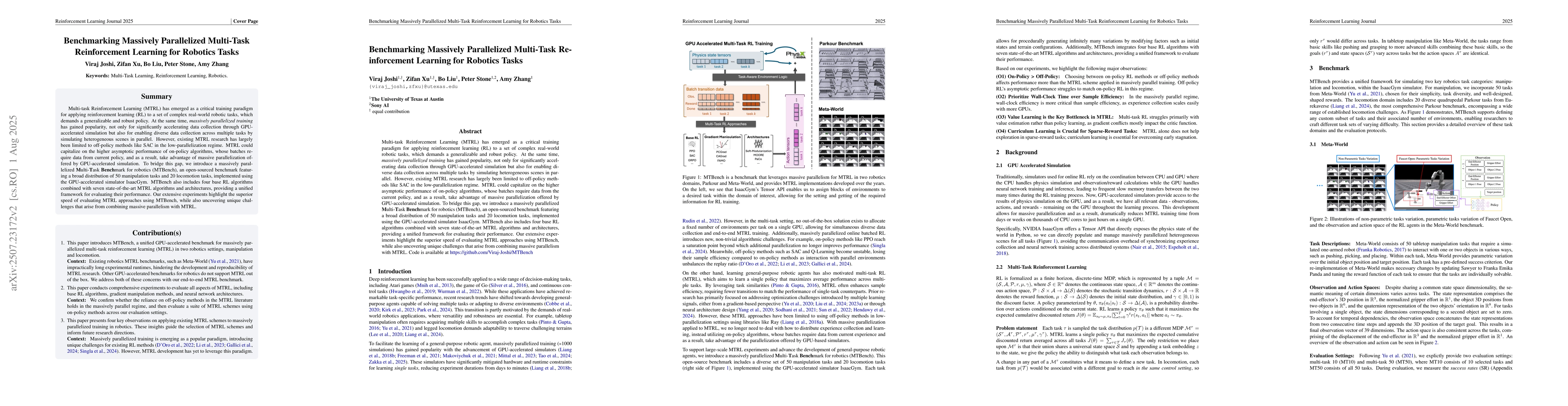 Thumbnail for Benchmarking Massively Parallelized Multi-Task Reinforcement Learning
  for Robotics Tasks