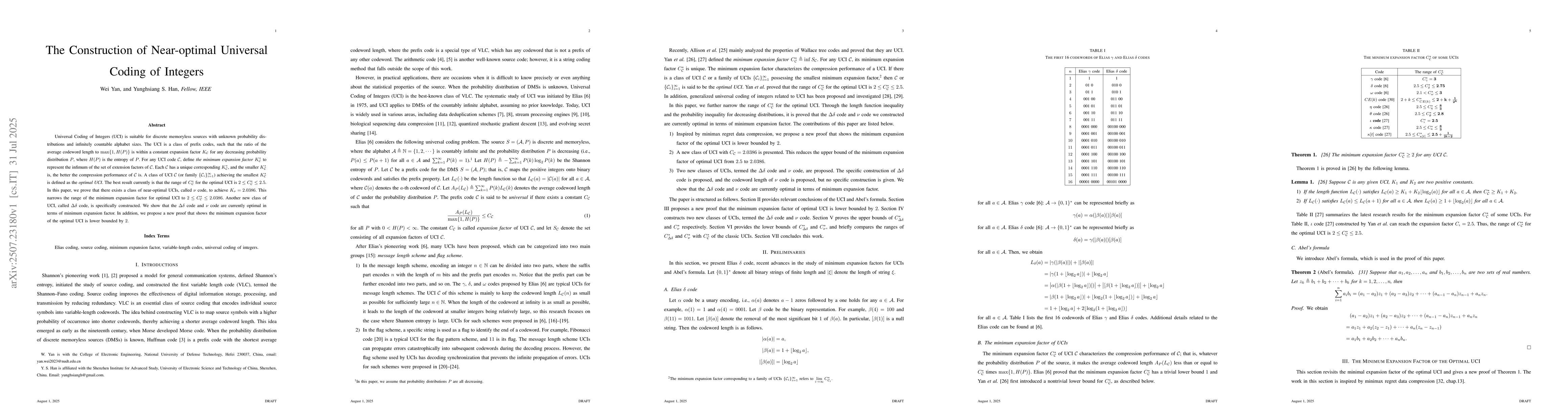 Thumbnail for The Construction of Near-optimal Universal Coding of Integers