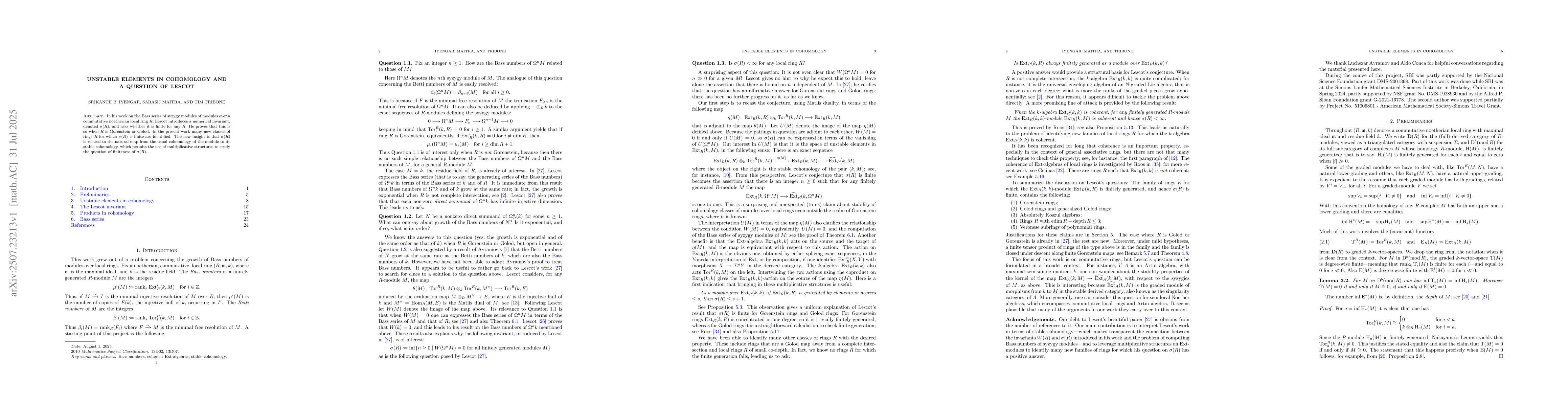 Thumbnail for Unstable elements in cohomology and a question of Lescot