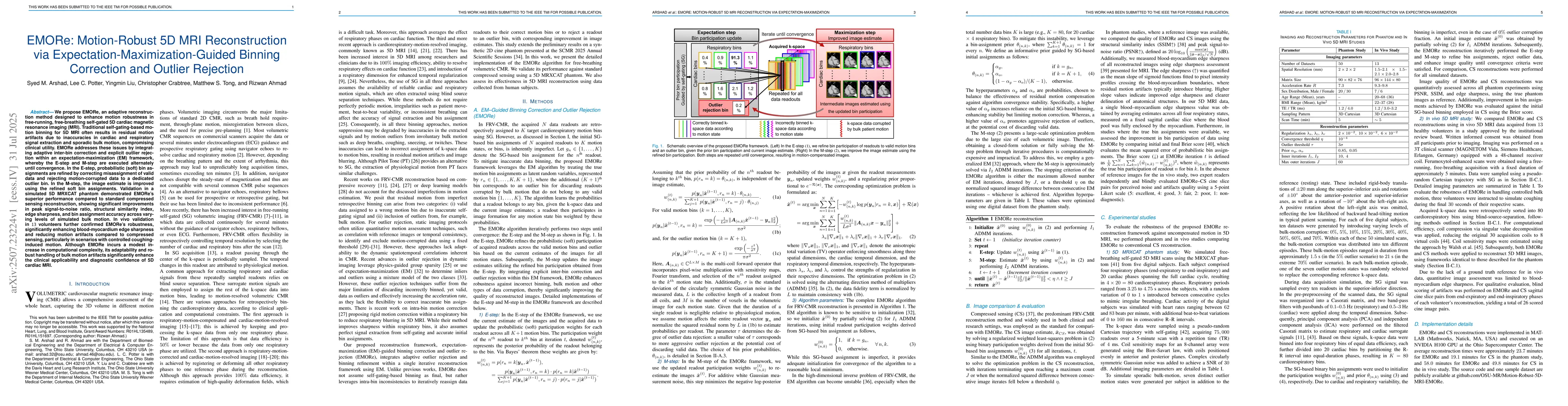 Thumbnail for EMORe: Motion-Robust 5D MRI Reconstruction via
  Expectation-Maximization-Guided Binning Correction and Outlier Rejection