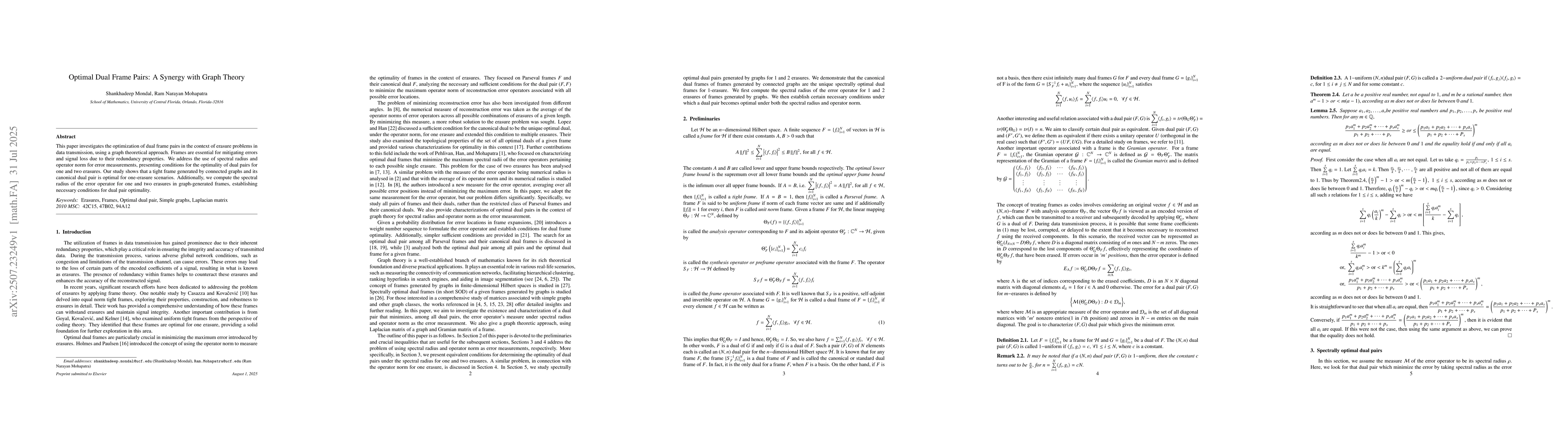 Thumbnail for Optimal Dual Frame Pairs: A Synergy with Graph Theory