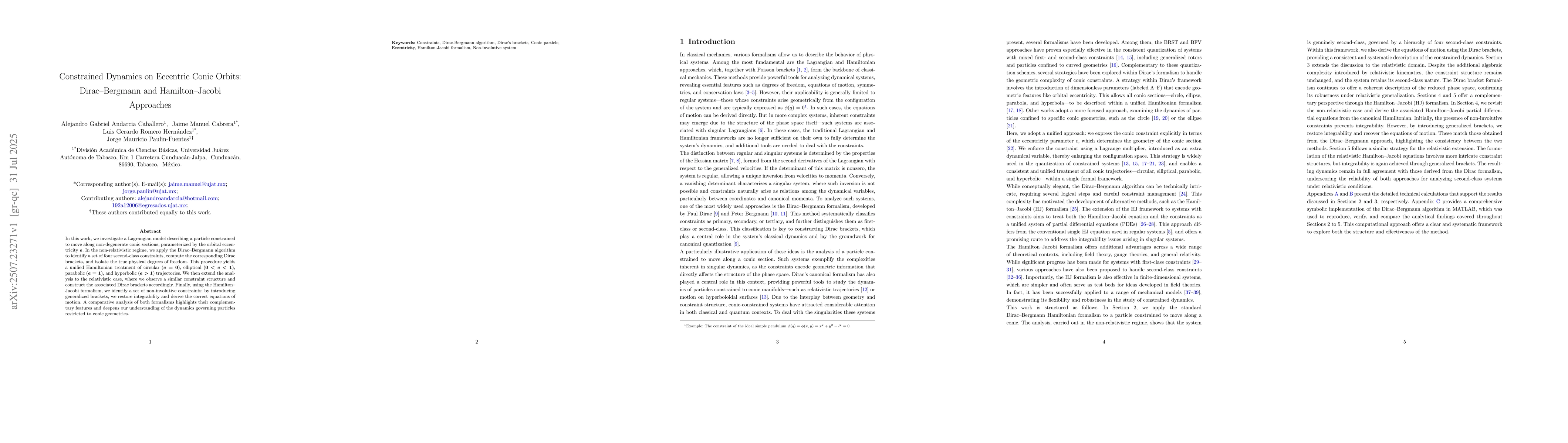 Thumbnail for Constrained Dynamics on Eccentric Conic Orbits: Dirac-Bergmann and
  Hamilton-Jacobi Approaches
