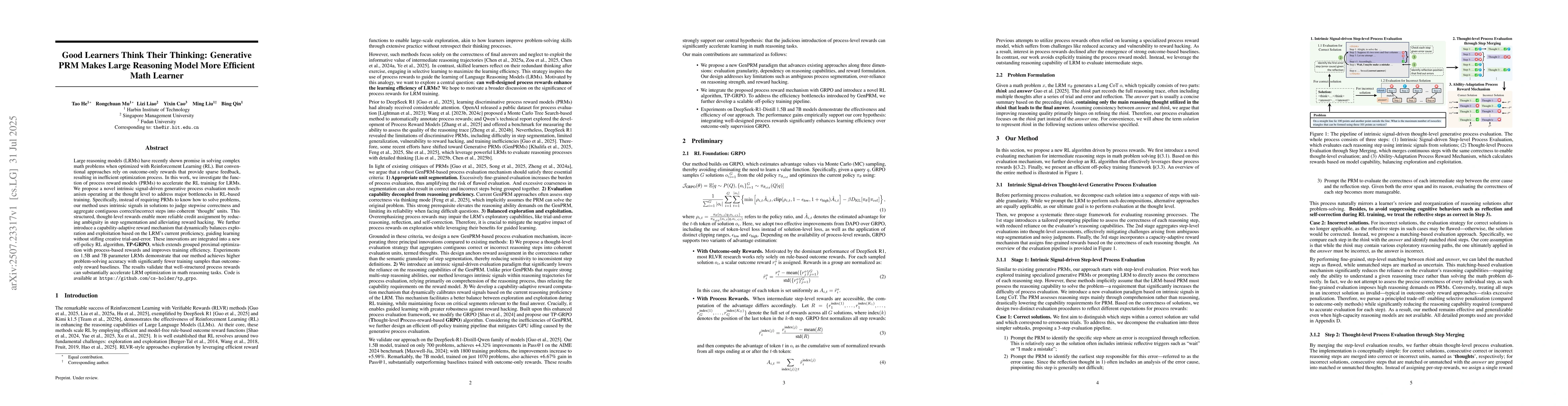 Thumbnail for Good Learners Think Their Thinking: Generative PRM Makes Large Reasoning
  Model More Efficient Math Learner