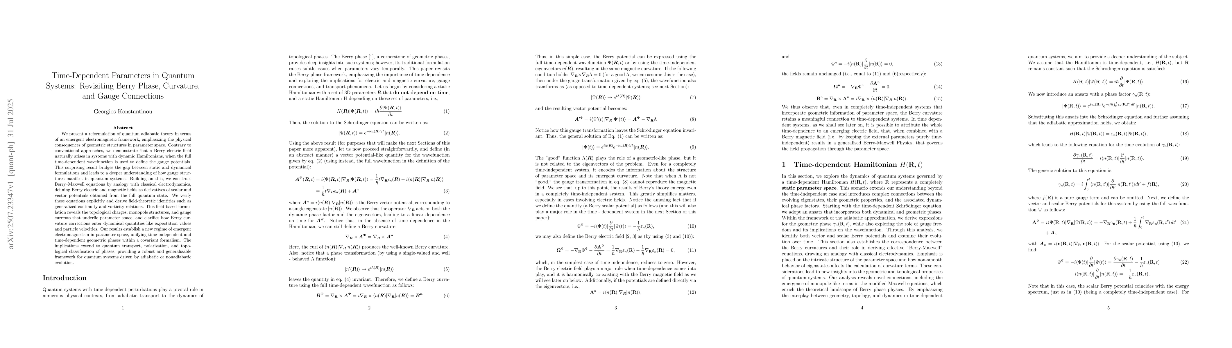 Thumbnail for Time-Dependent Parameters in Quantum Systems: Revisiting Berry Phase,
  Curvature and Gauge Connections