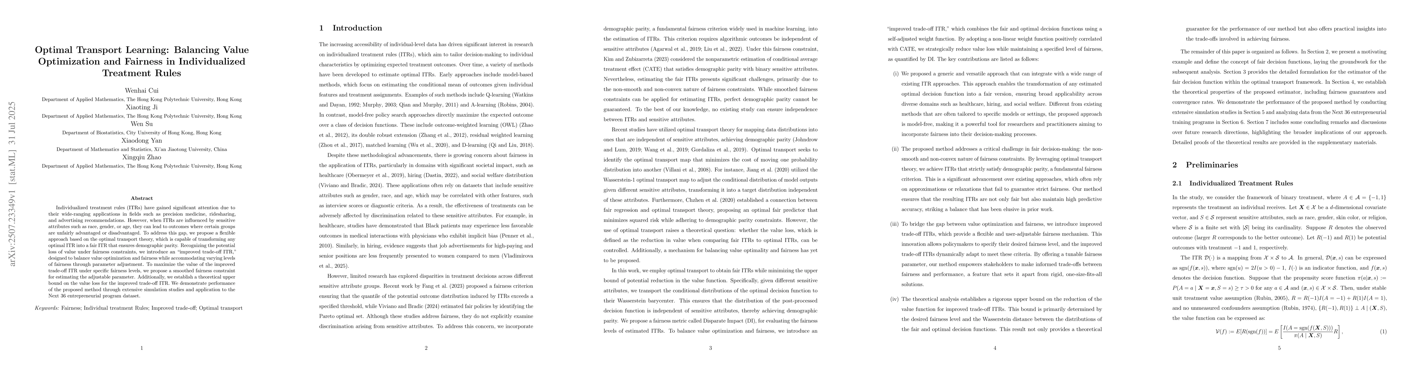 Thumbnail for Optimal Transport Learning: Balancing Value Optimization and Fairness in
  Individualized Treatment Rules
