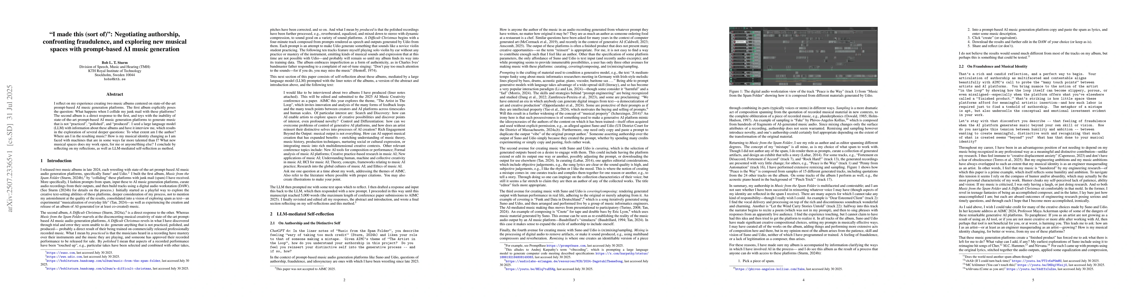 Thumbnail for "I made this (sort of)": Negotiating authorship, confronting
  fraudulence, and exploring new musical spaces with prompt-based AI music
  generation