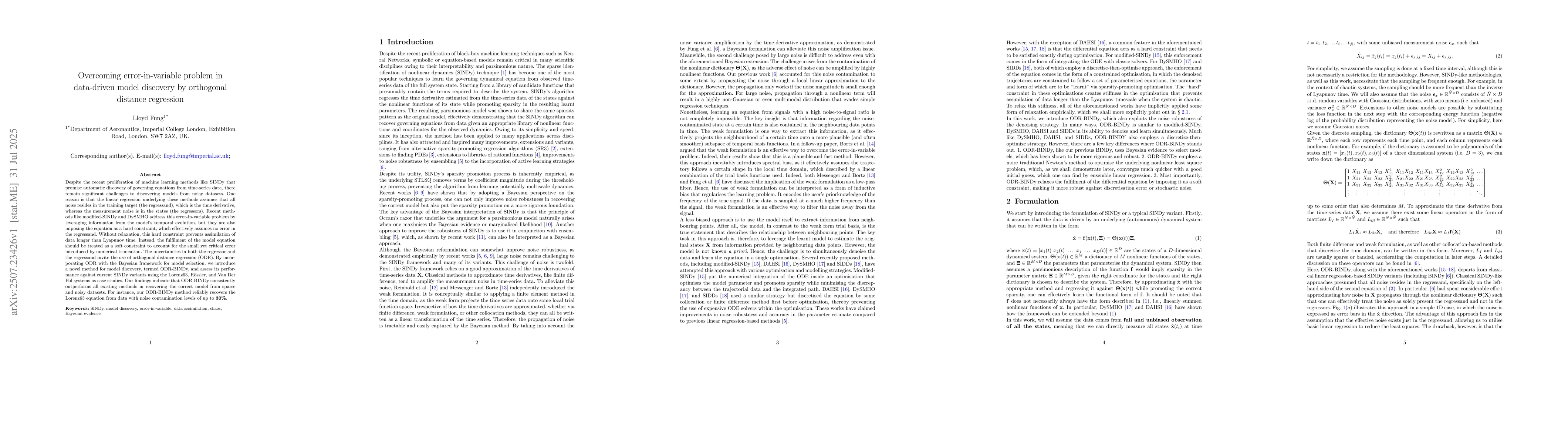Thumbnail for Overcoming error-in-variable problem in data-driven model discovery by
  orthogonal distance regression
